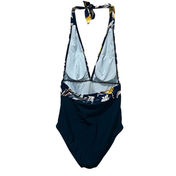 Women’s Large Navy Blue Yellow Floral Halter One Piece Swim Suit NWOT P1 - Picture 2 of 6